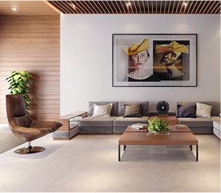 Modern living room with stylish furniture and artistic wall decor.