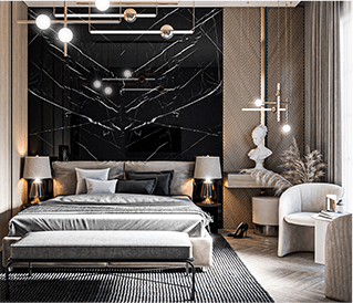Luxurious modern bedroom with black marble wall and elegant lighting.