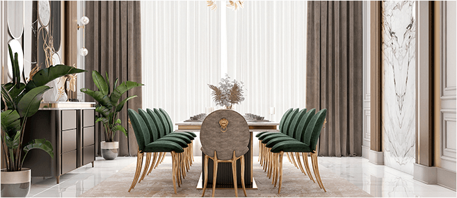 Elegant dining room with green velvet chairs and gold accents.