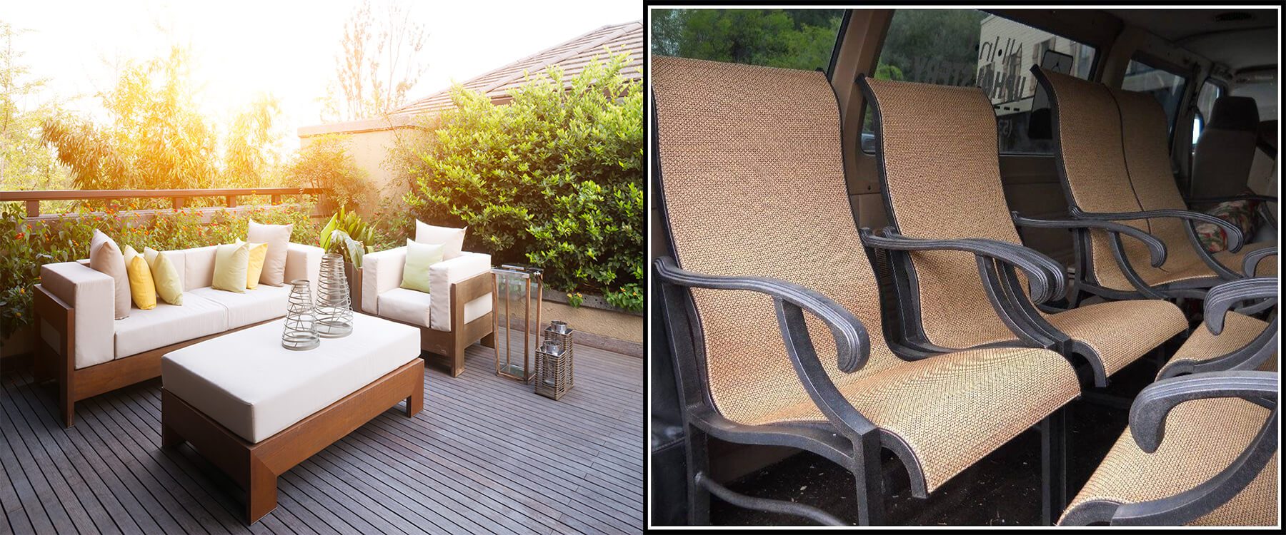 Outdoor seating area with cozy cushions and a close-up of a patio chair.